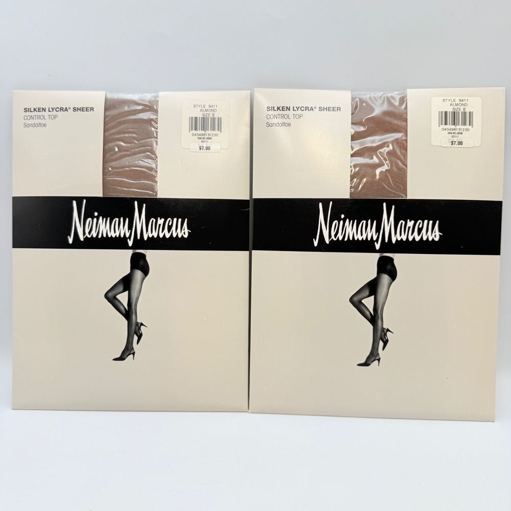 2pk Neiman Marcus Silken Lycra Sheer Control Top Pantyhose Almond Size B 9411
